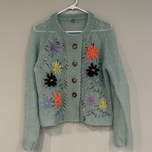 Light green/blue Floral Embroidered Women’s Sweater from Anthropology Large